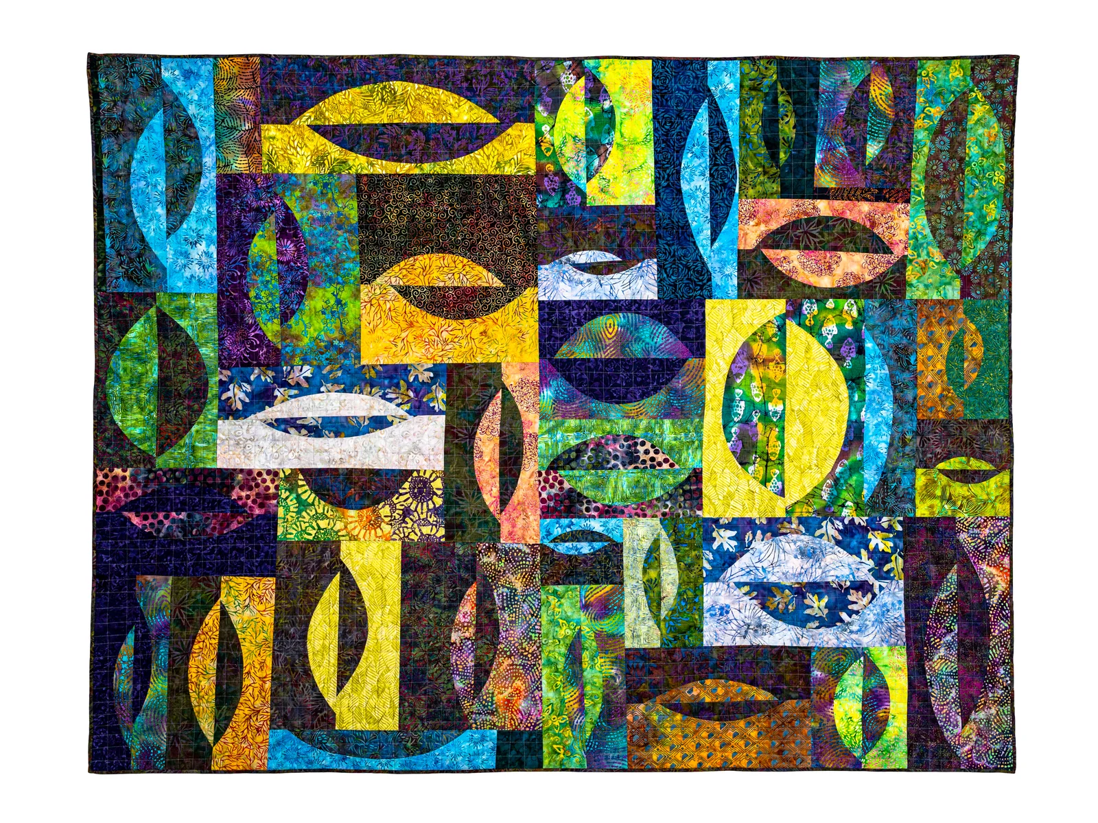 Colorful abstract quilt with geometric patterns and circular motifs