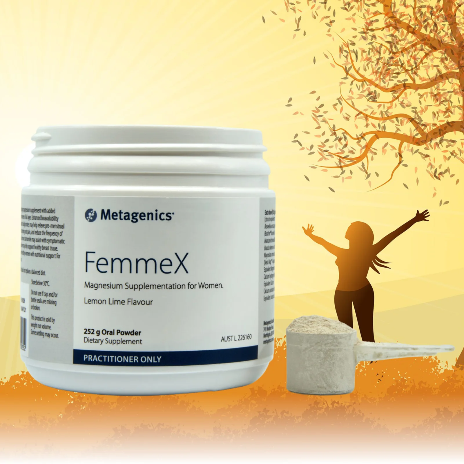 Product shot of Metagenics FemmeX Magnesium Supplement for Women, with a silhouette of a woman and a tree in the background
