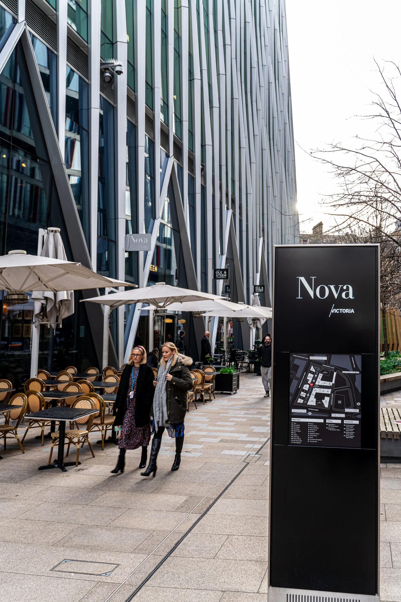 Urban street scene with Nova Victoria sign