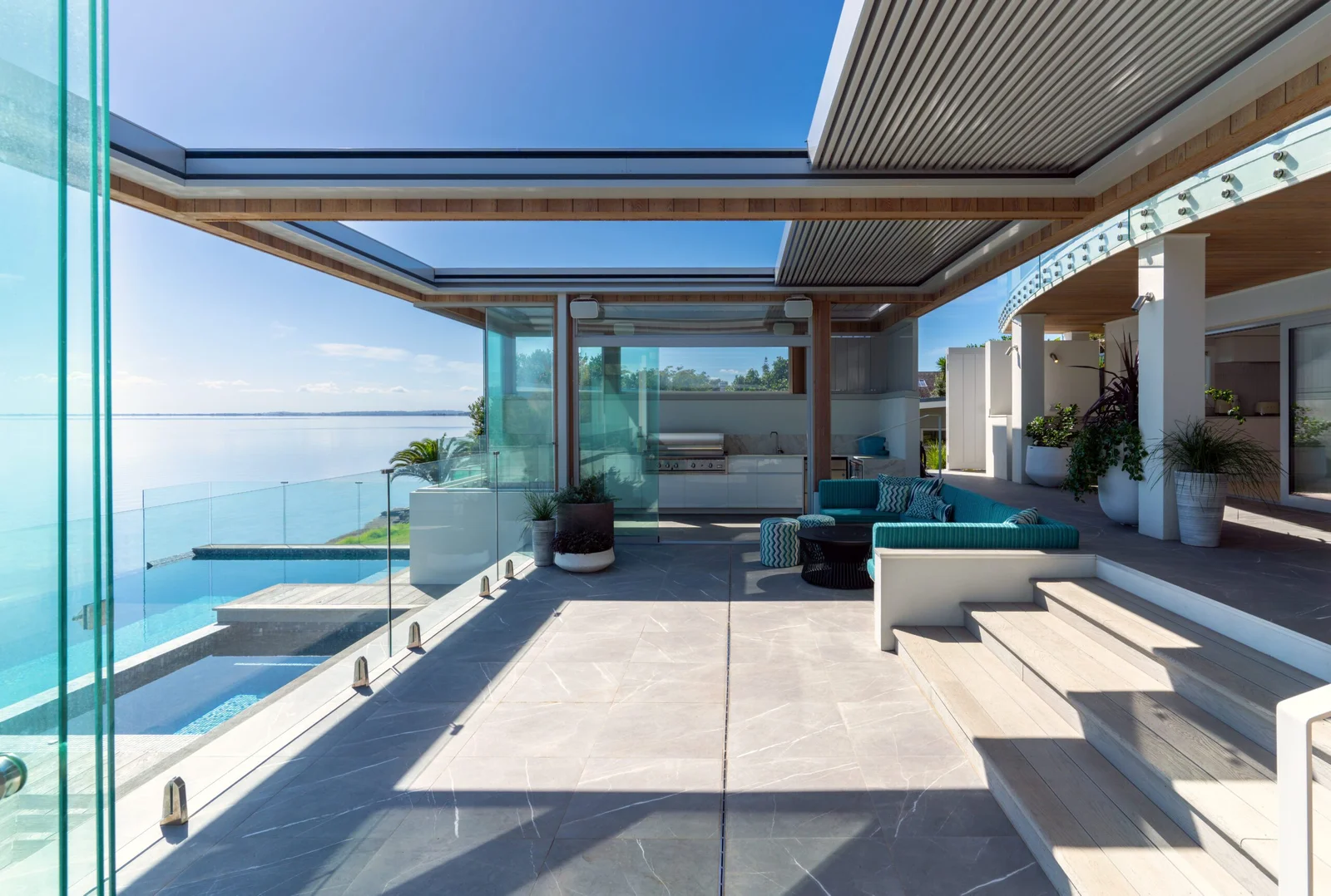Luxurious outdoor patio with ocean view