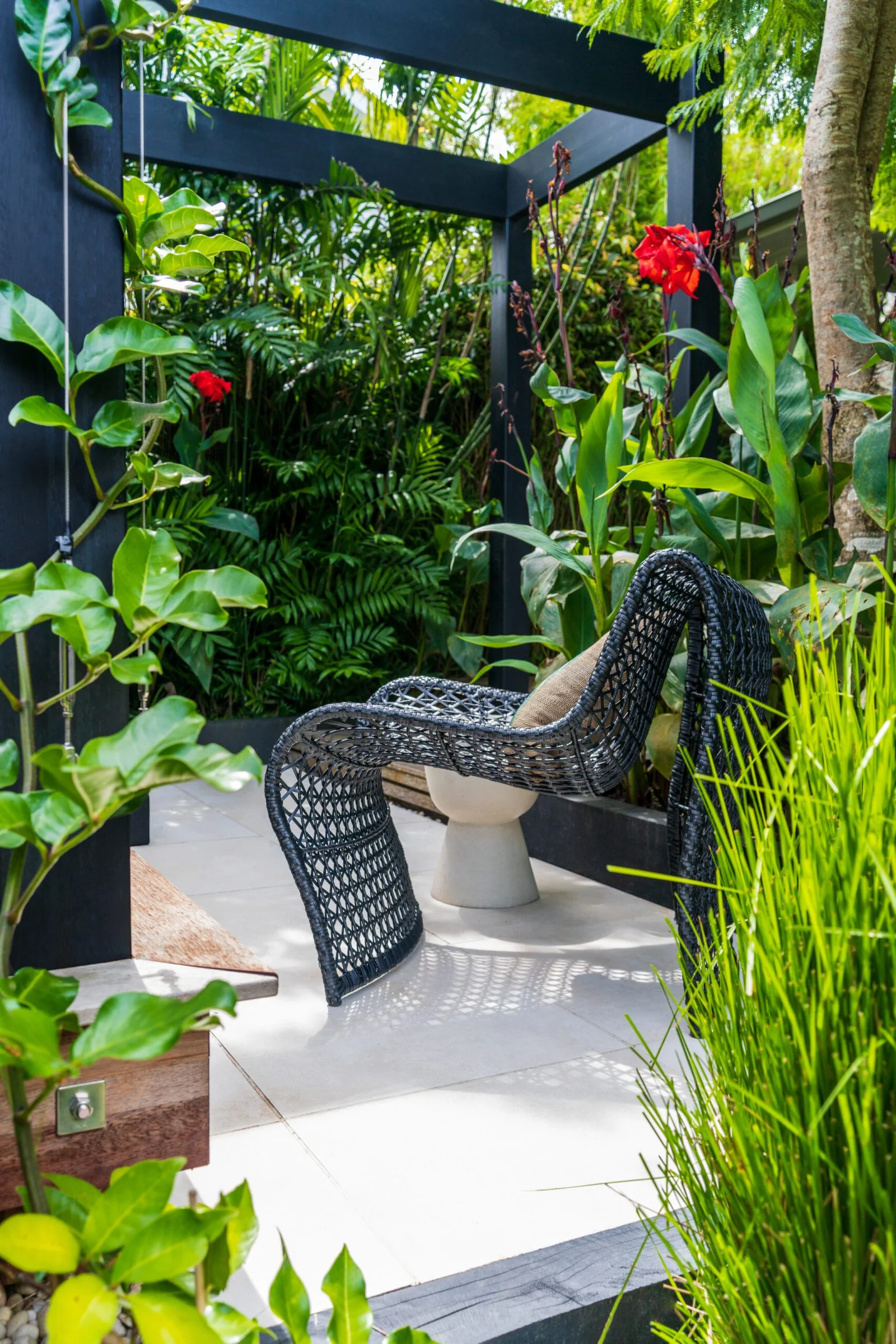 Modern outdoor garden space with black wicker chair and tropical plants