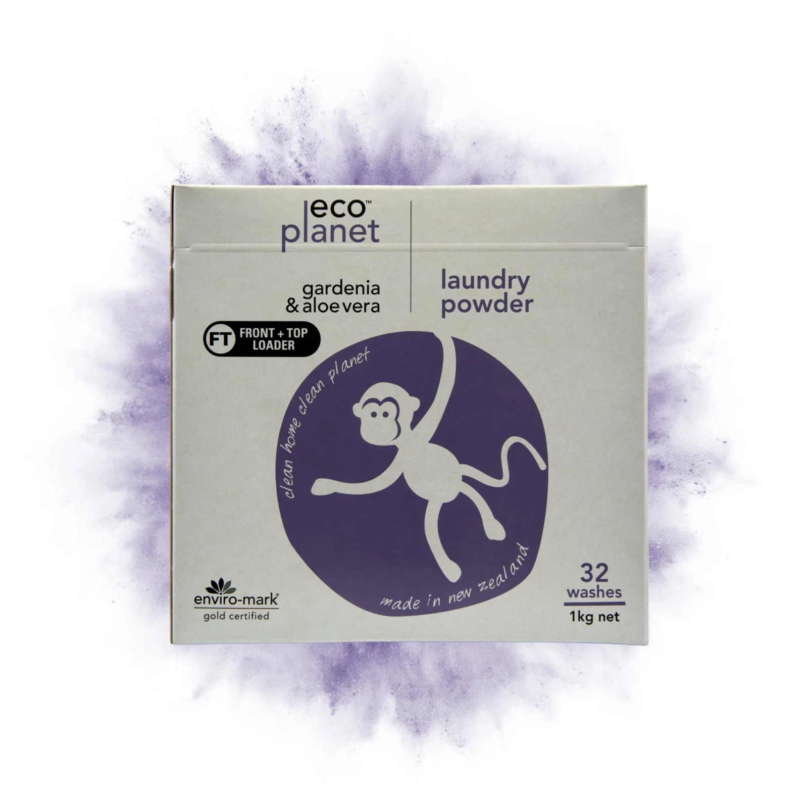 Eco Planet laundry powder product shot with purple powder splash
