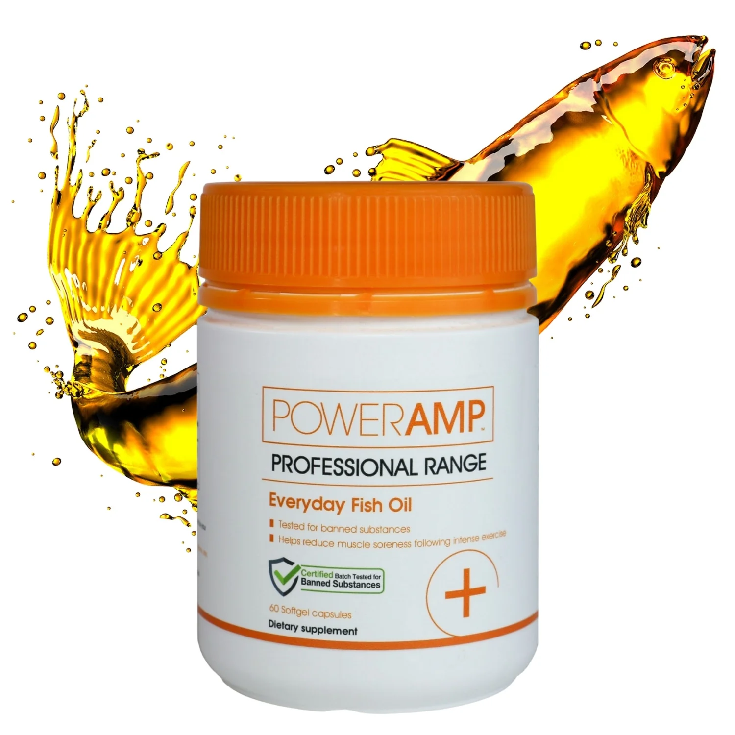 PowerAmp Professional Range fish oil supplement with orange liquid splash