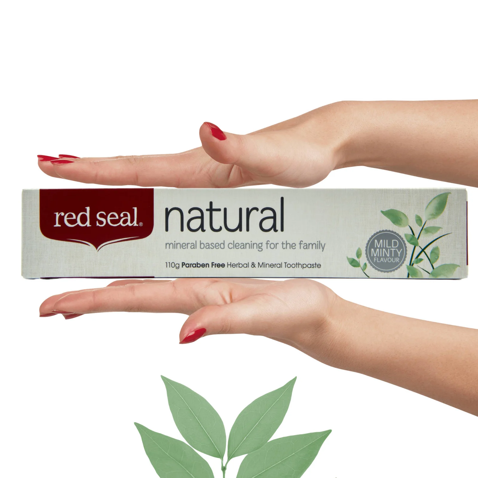 Hands holding Red Seal Natural toothpaste box with green leaves